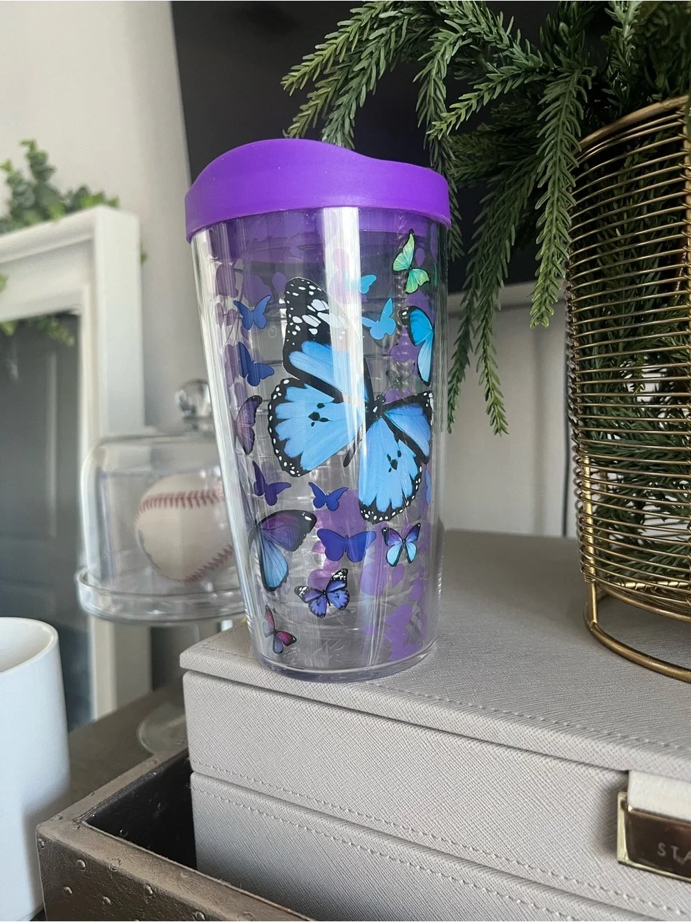 tervis Purple Lid Travel Tumbler with Blue Butterfly Pattern